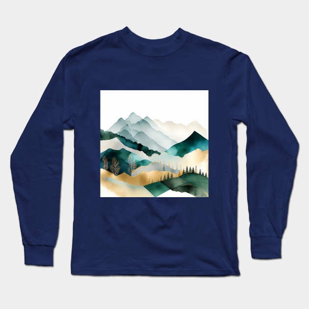 Metallic Misty Mountains Watercolor Long Sleeve T-Shirt by The Art Mage